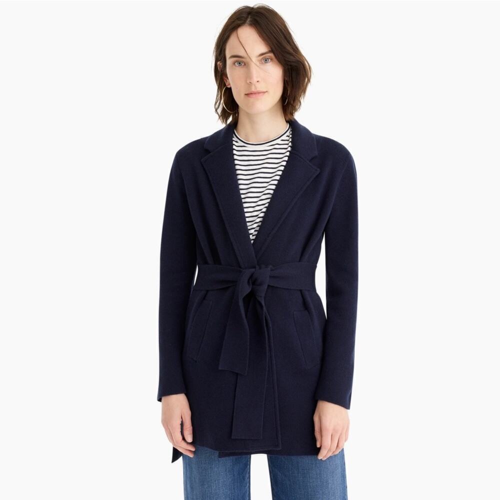 J.Crew Wrap Sweater Blazer Merino Wool Blend Navy Tie Belt XS - Picture 5 of 16